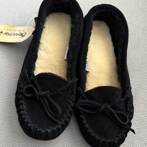 BearPaw Black Suede Fleece-Lined Moccasin Slippers